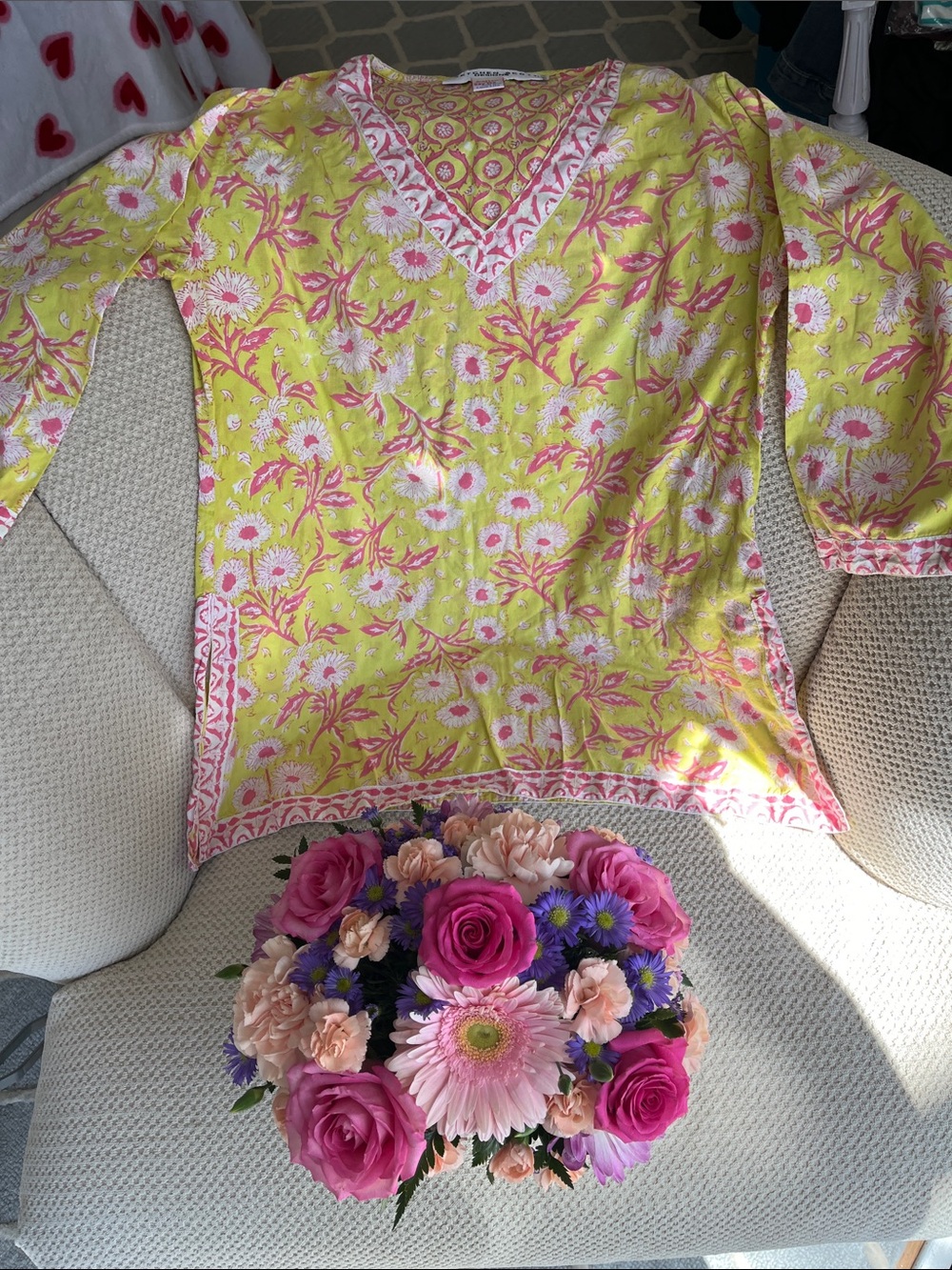 Floral V-Neck Tunic Top - Yellow & Pink